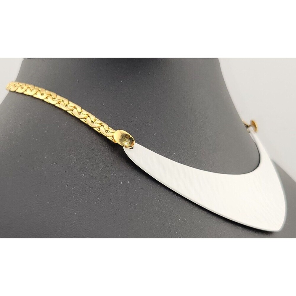 Vintage Napier MCM Wide White Enamel Collar Gold Tone Chain Choker Necklace
